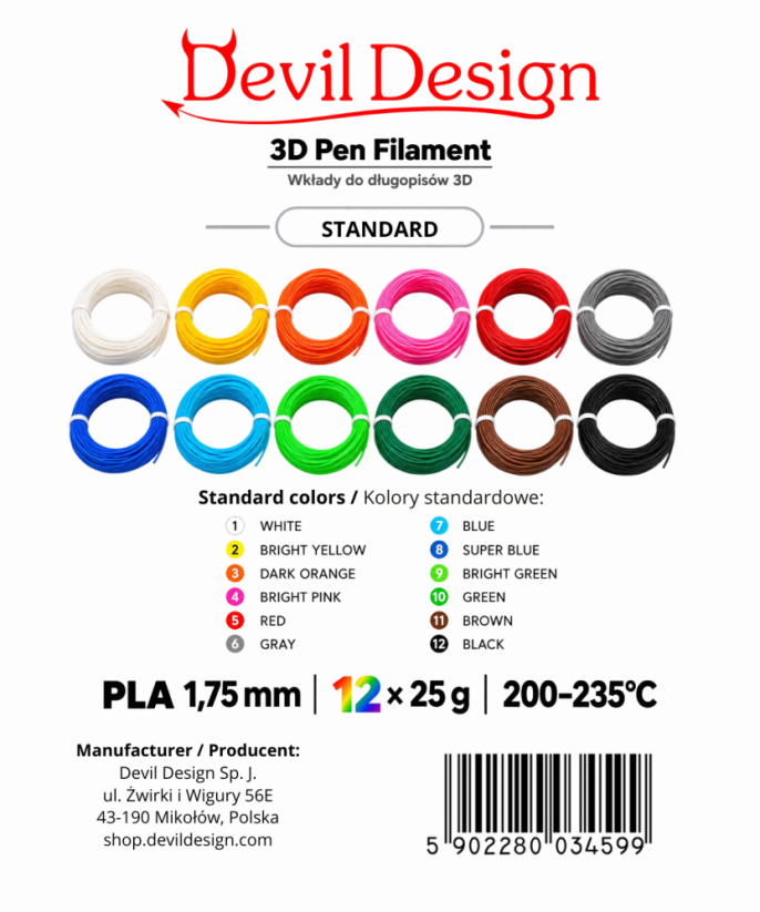 Devil Design PLA 3D PEN STANDARD 12 × 25 g, 0,3 kg