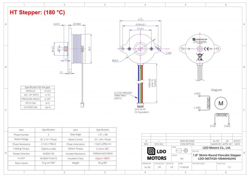 LDO HT Krokový Motor (Pancake) LDO-36STH20-1004AHG(XH) Technická specifikace