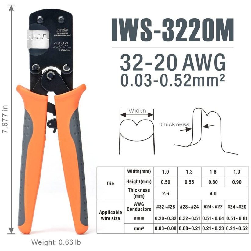 IWISS IWS-3220M Ráčnové krimpovací kleště - Rozsah